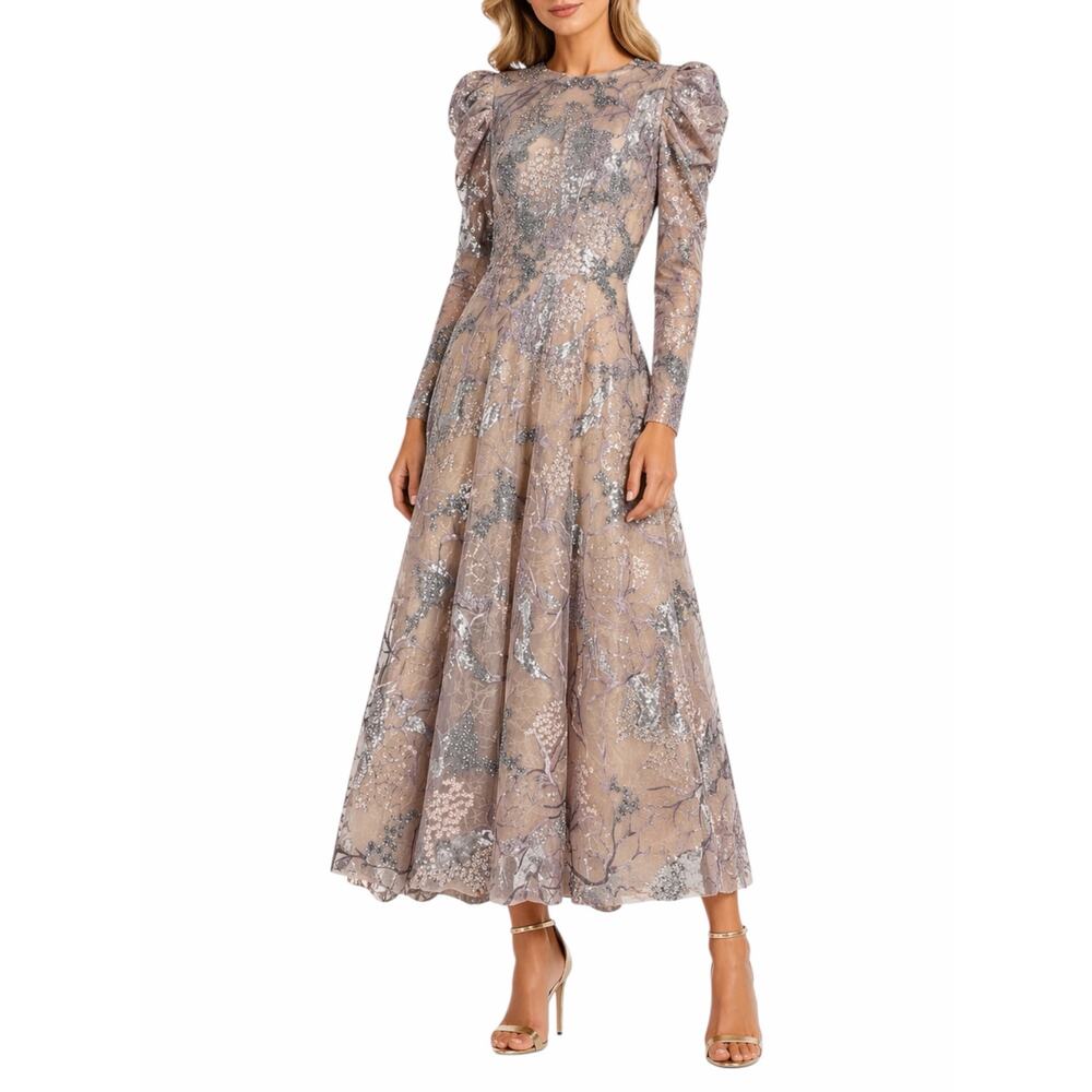 Mac Duggal Embellished High Neck Puff Sleeve A-Line Dress Taupe Size 6